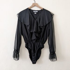 Vintage 1990s Black Ruffled Bodysuit by Marnie West Sheer Sleeves Size L